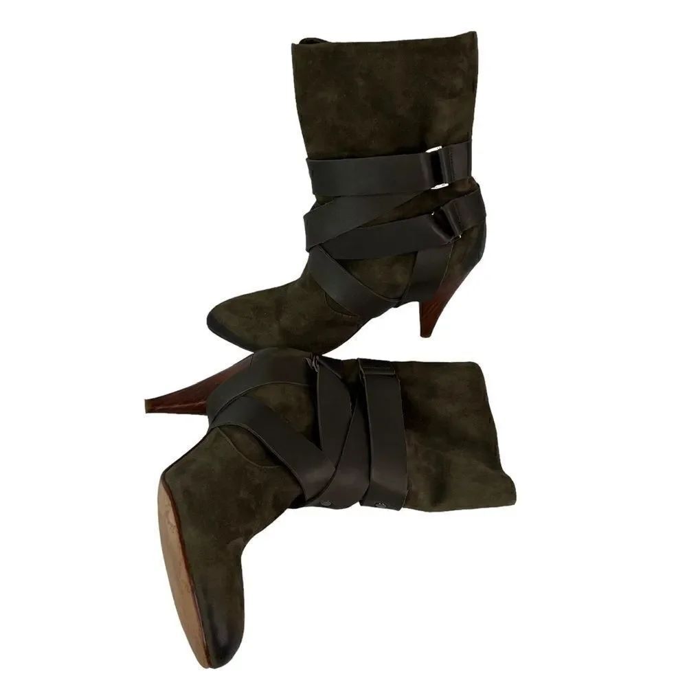 Mea Shadow Cassandra Suede Leather Harness Strap Kitten Heel Green Bootie Sz 8M